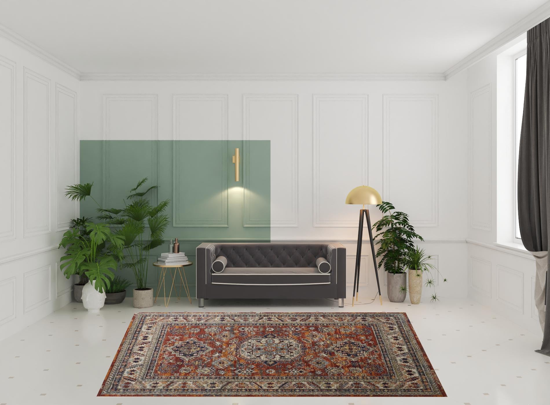 Taupe Gray And Blue Floral Stain Resistant Area Rug - 5' x 8'