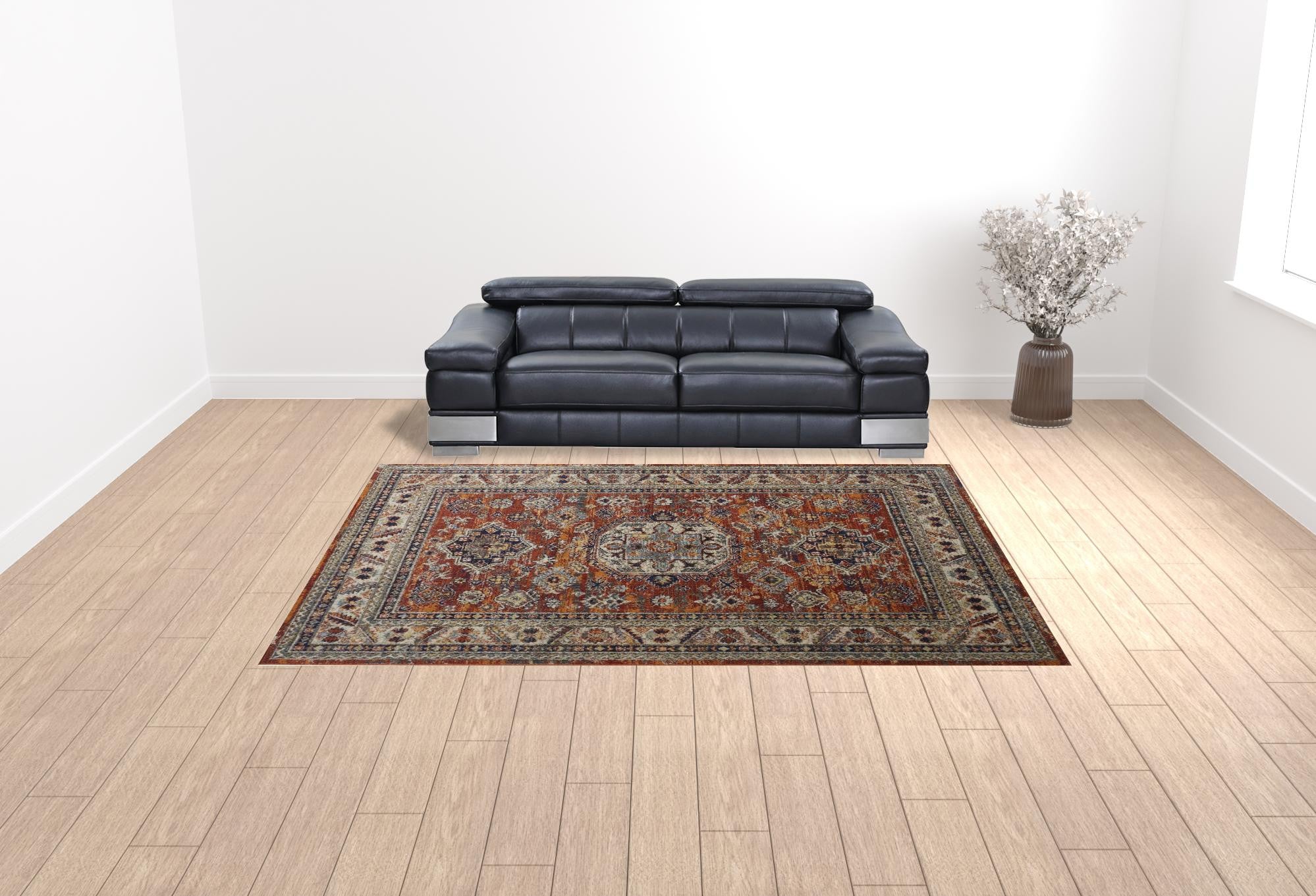 Taupe Gray And Blue Floral Stain Resistant Area Rug - 5' x 8'