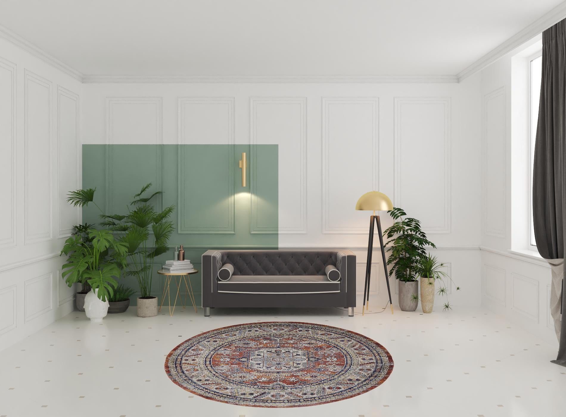 Taupe Gray And Blue Floral Stain Resistant Area Rug - 5' x 8'