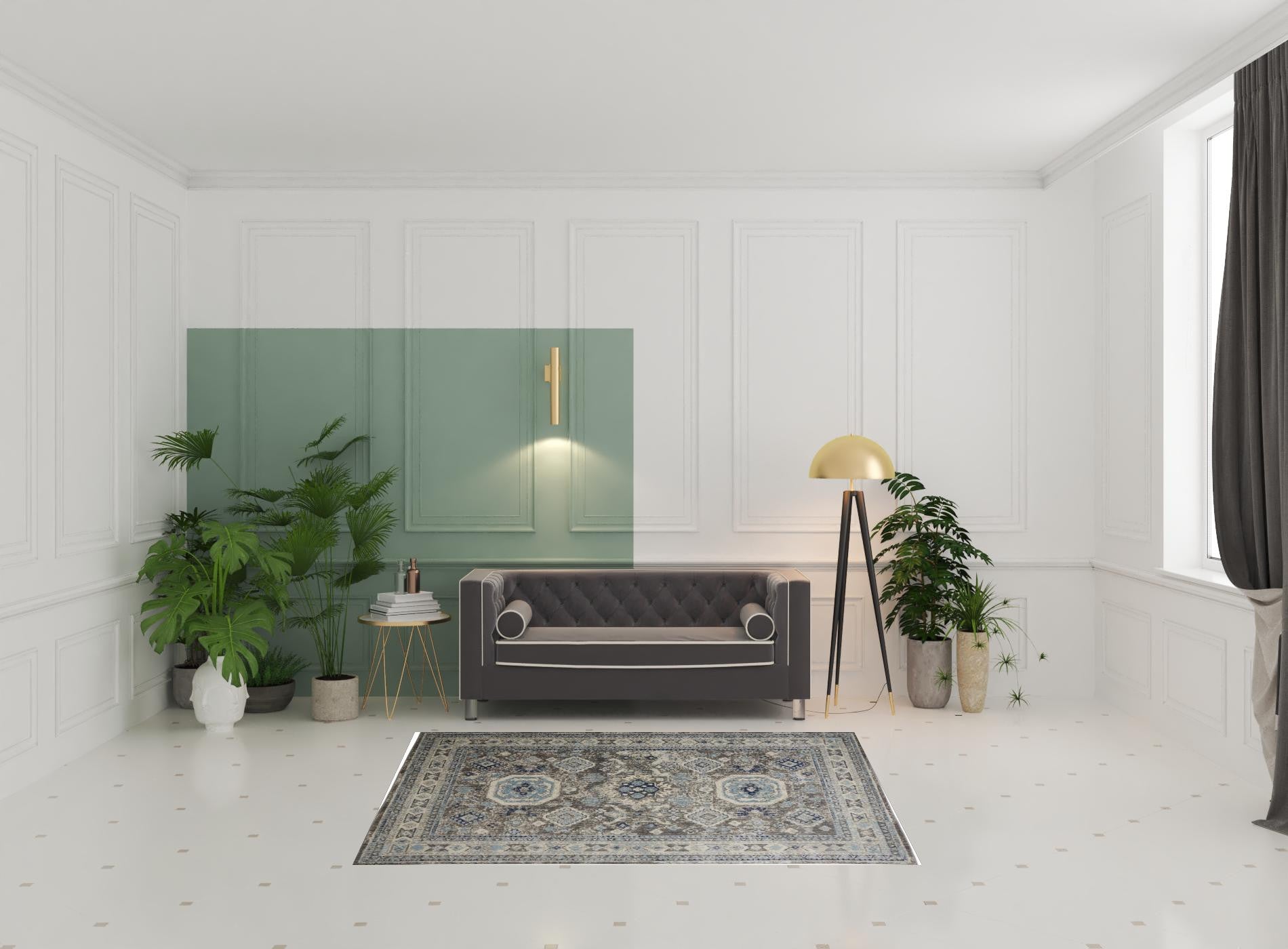 5' X 8' Gray Brown And Blue Floral Stain Resistant Area Rug