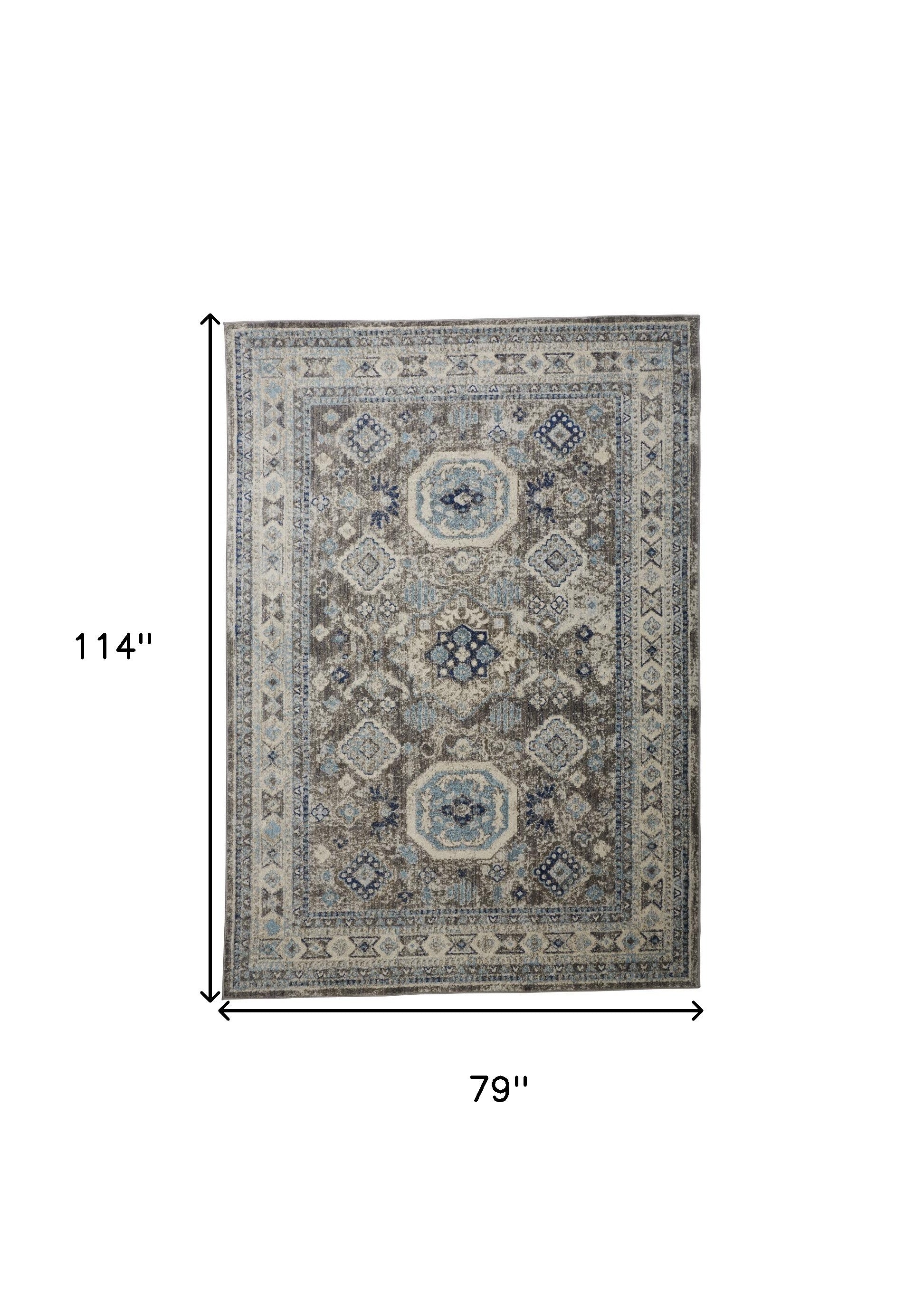 5' X 8' Gray Brown And Blue Floral Stain Resistant Area Rug