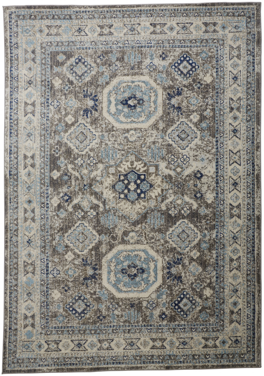 5' X 8' Gray Brown And Blue Floral Stain Resistant Area Rug