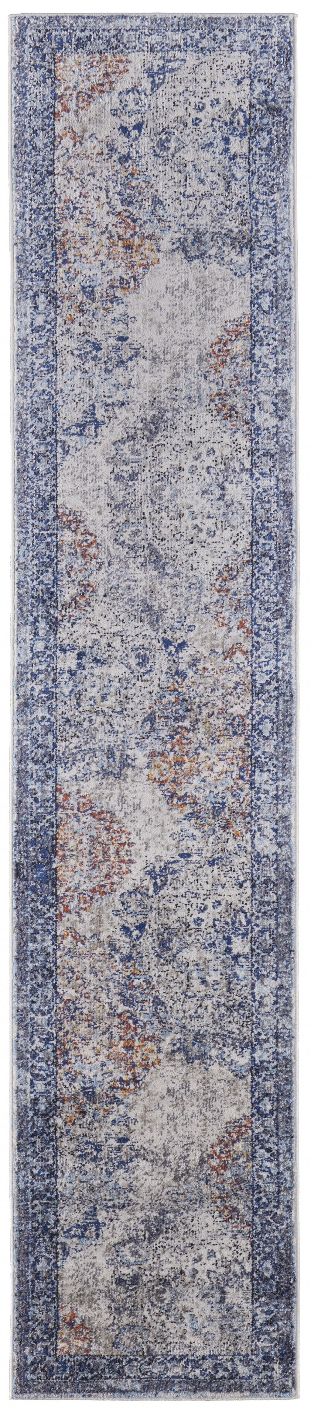 5' X 8' Blue Ivory And Red Floral Power Loom Distressed Stain Resistant Area Rug