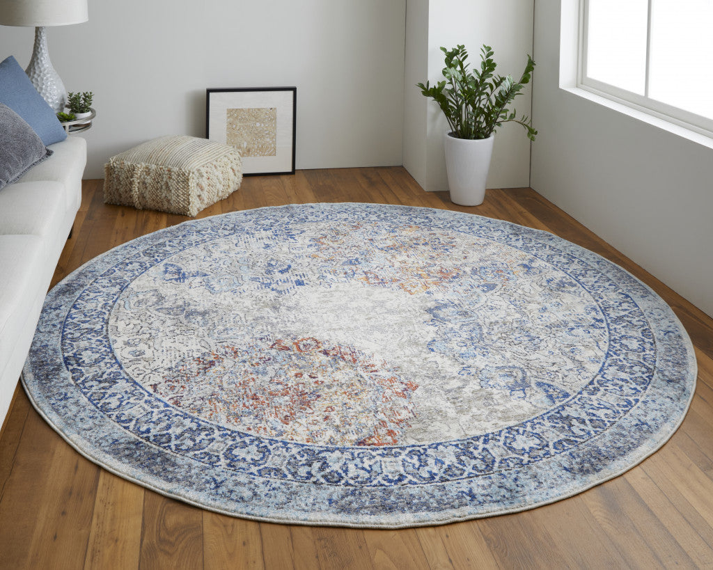5' X 8' Blue Ivory And Red Floral Power Loom Distressed Stain Resistant Area Rug