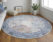 5' X 8' Blue Ivory And Red Floral Power Loom Distressed Stain Resistant Area Rug