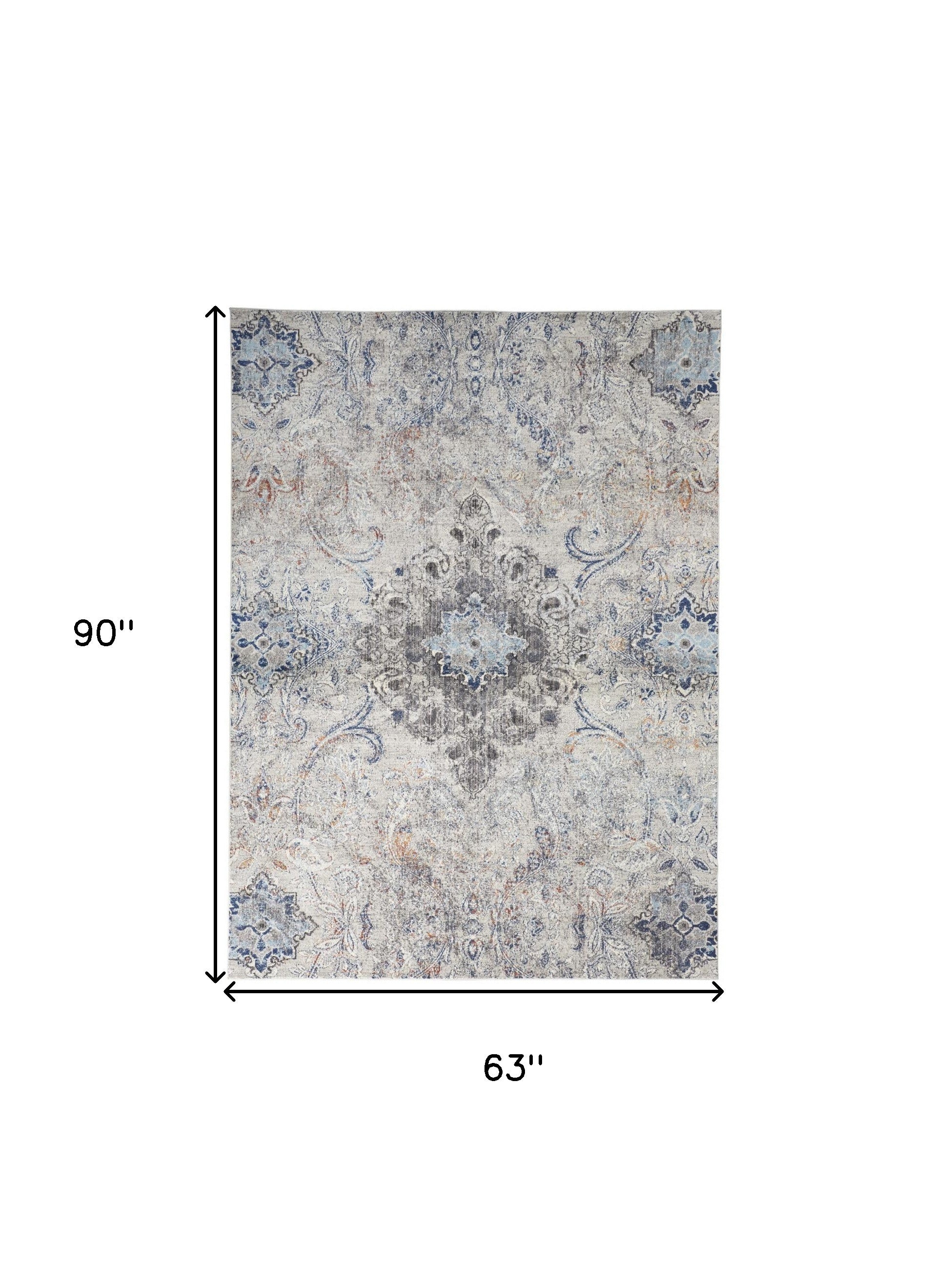 5' X 8' Ivory Taupe And Blue Floral Power Loom Distressed Stain Resistant Area Rug