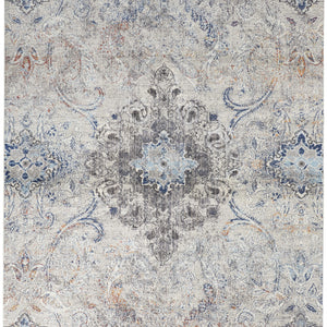 5' X 8' Ivory Taupe And Blue Floral Power Loom Distressed Stain Resistant Area Rug