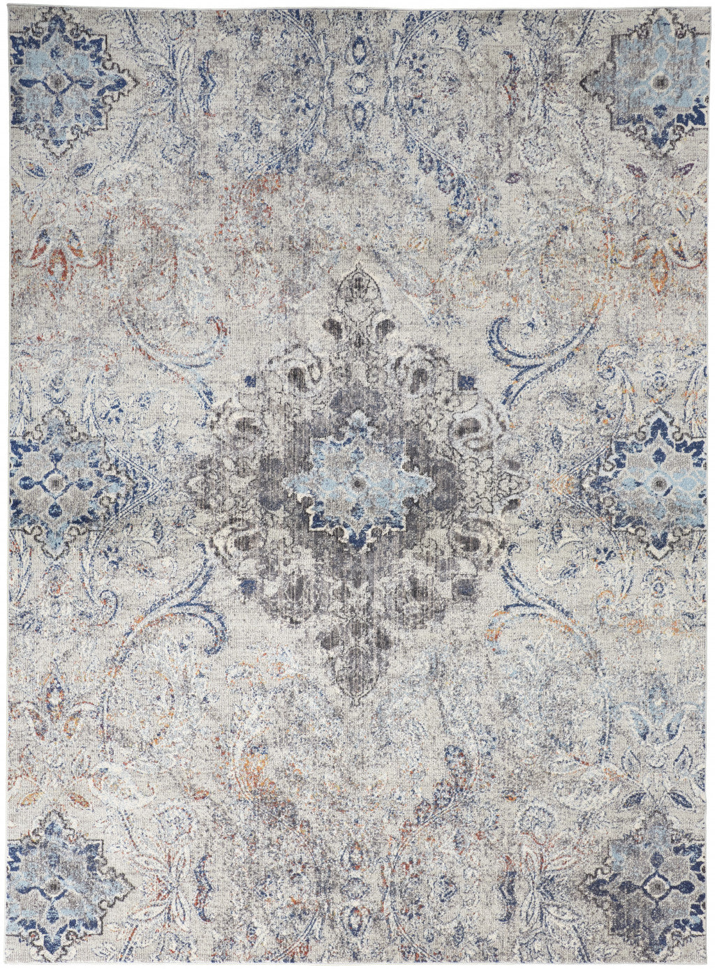 5' X 8' Ivory Taupe And Blue Floral Power Loom Distressed Stain Resistant Area Rug