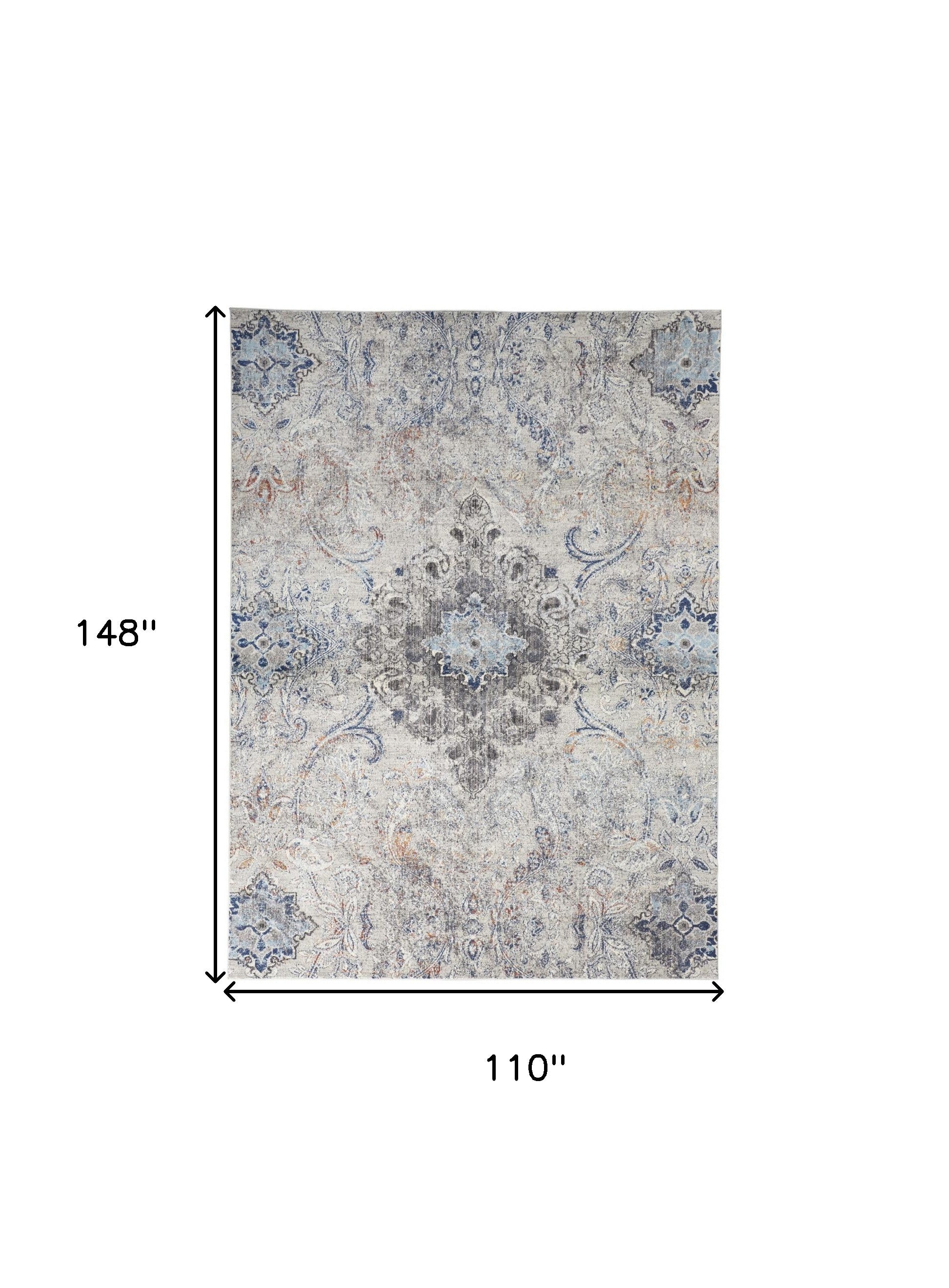 5' X 8' Ivory Taupe And Blue Floral Power Loom Distressed Stain Resistant Area Rug