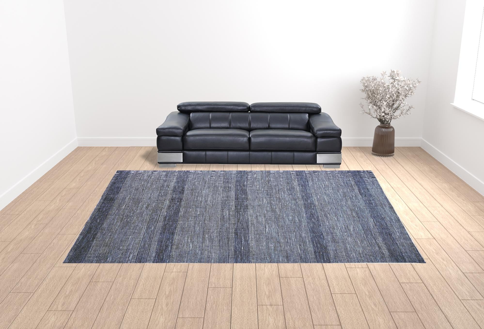 8' X 10' Blue And Gray Wool Striped Hand Knotted Area Rug