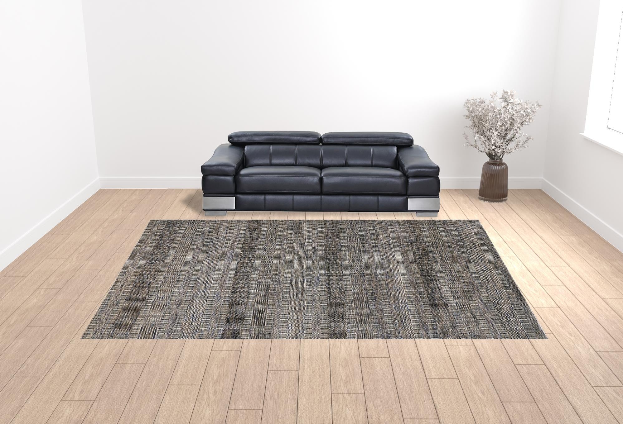 8' X 10' Gray Wool Striped Hand Knotted Area Rug