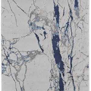 8' Ivory Blue And Black Abstract Power Loom Distressed Runner Rug