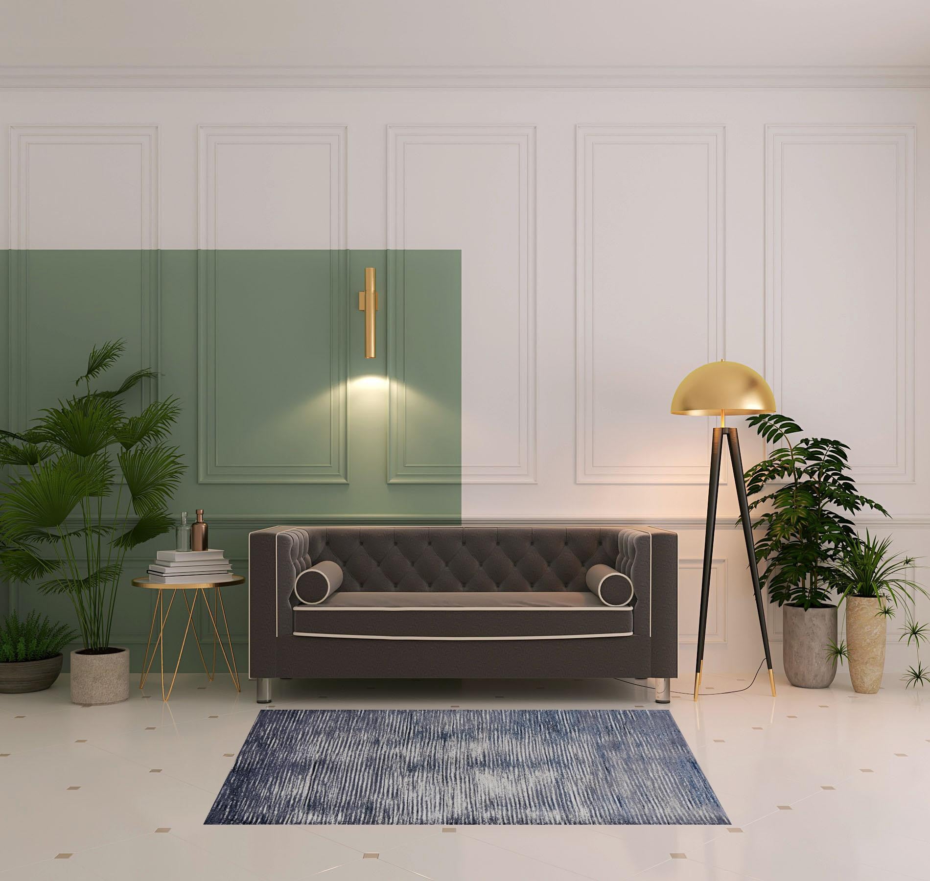 Blue Gray And Ivory Striped Power Loom Distressed Area Rug 4' x 6'