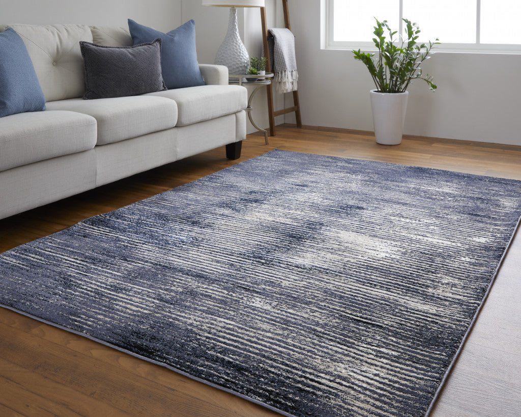Blue Gray And Ivory Striped Power Loom Distressed Area Rug 4' x 6'