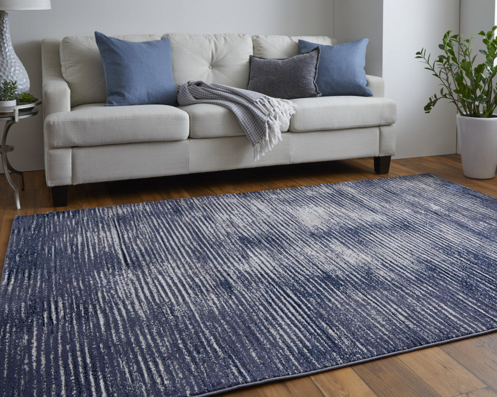 Blue Gray And Ivory Striped Power Loom Distressed Area Rug 4' x 6'