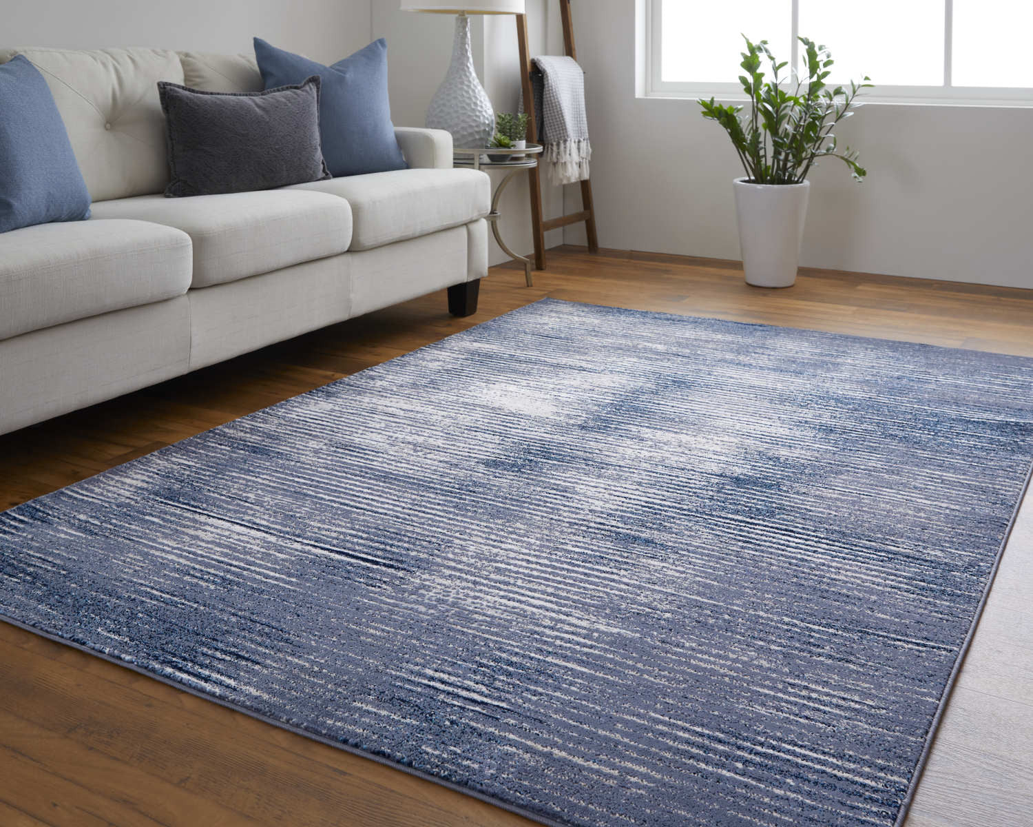 Blue Gray And Ivory Striped Power Loom Distressed Area Rug 4' x 6'