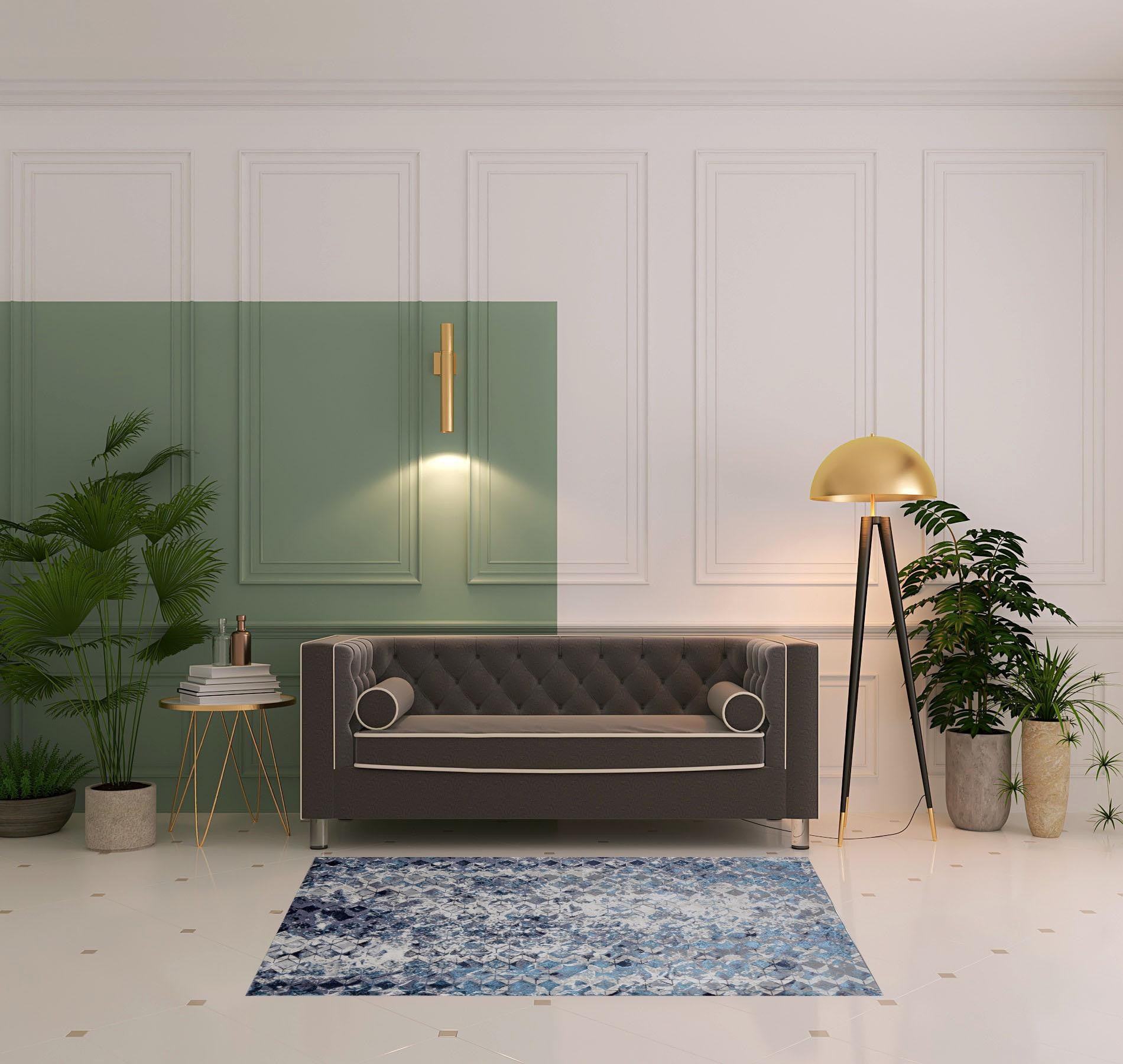 Blue Ivory And Gray Geometric Power Loom Distressed Area Rug - 4' X 6'