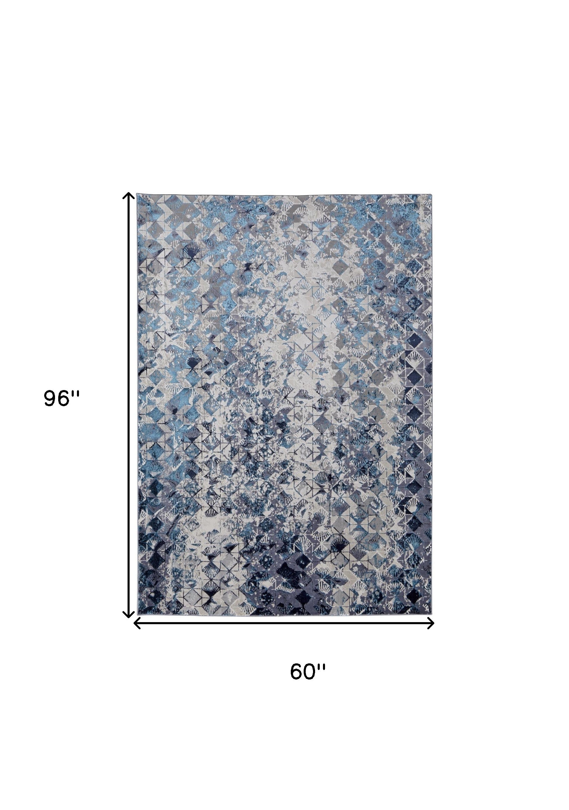 Blue Ivory And Gray Geometric Power Loom Distressed Area Rug - 4' X 6'