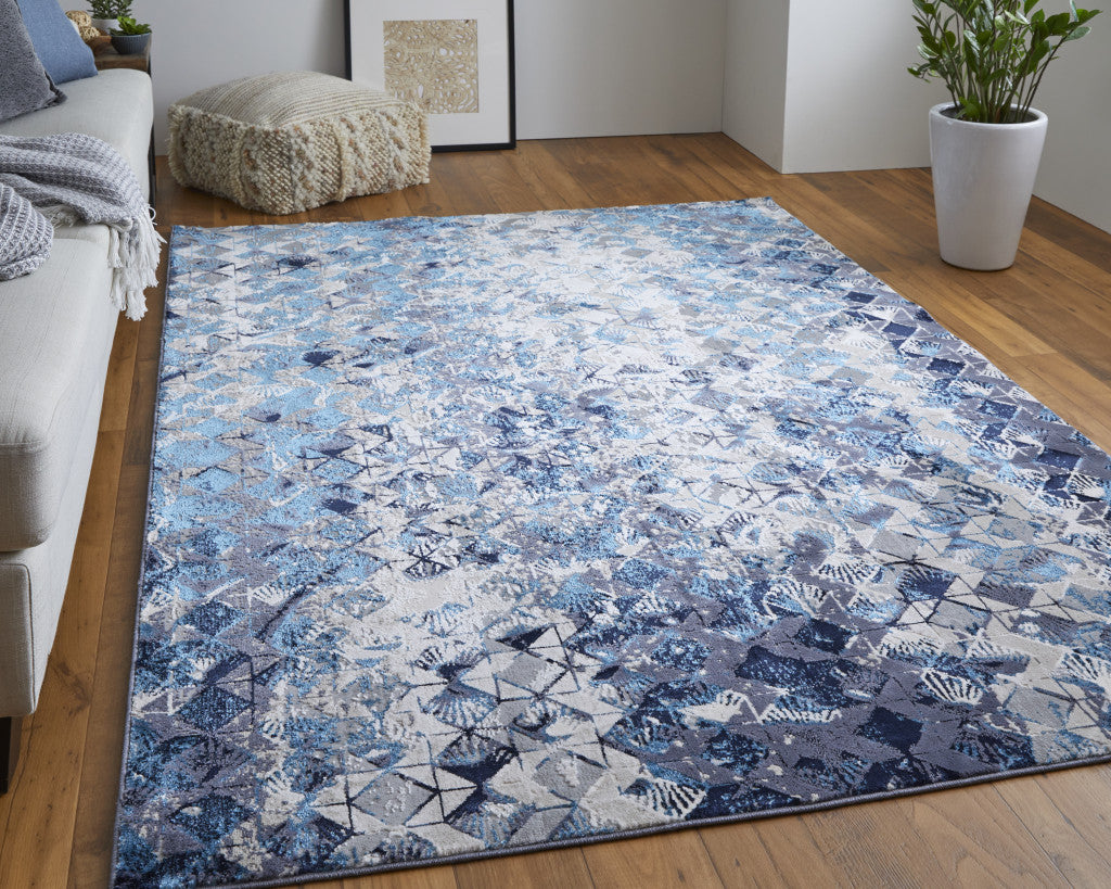 Blue Ivory And Gray Geometric Power Loom Distressed Area Rug - 4' X 6'