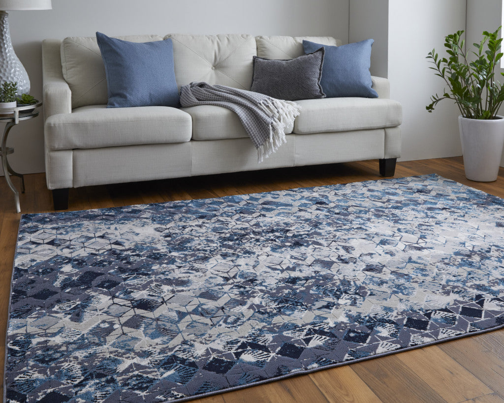 Blue Ivory And Gray Geometric Power Loom Distressed Area Rug - 4' X 6'