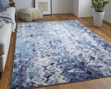 Blue Ivory And Gray Geometric Power Loom Distressed Area Rug - 4' X 6'