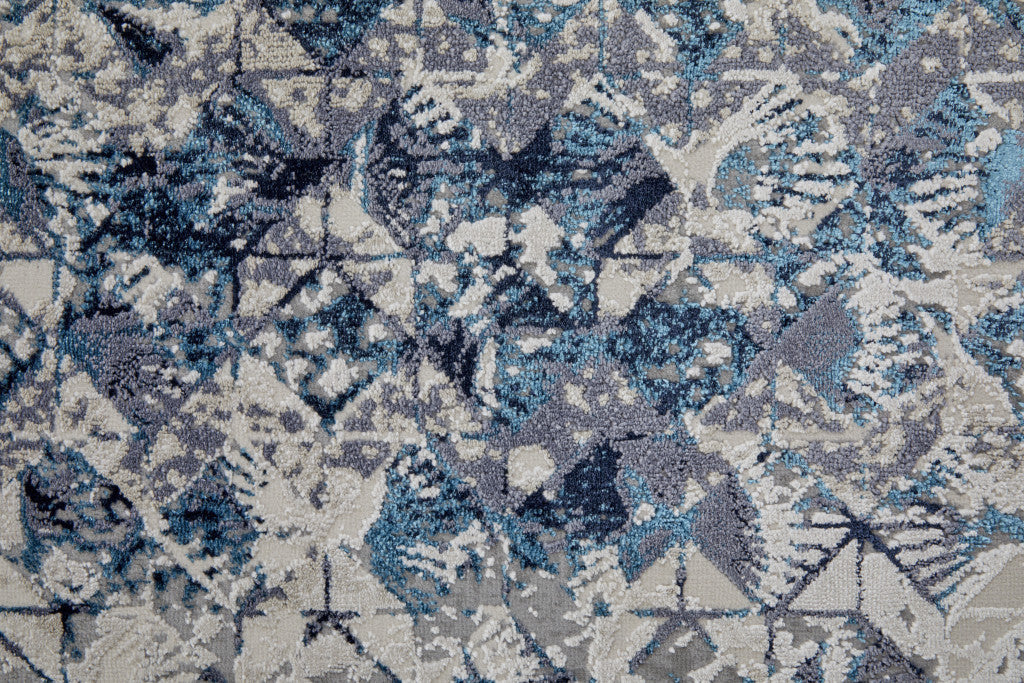 Blue Ivory And Gray Geometric Power Loom Distressed Area Rug - 4' X 6'