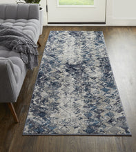 Blue Ivory And Gray Geometric Power Loom Distressed Area Rug - 4' X 6'