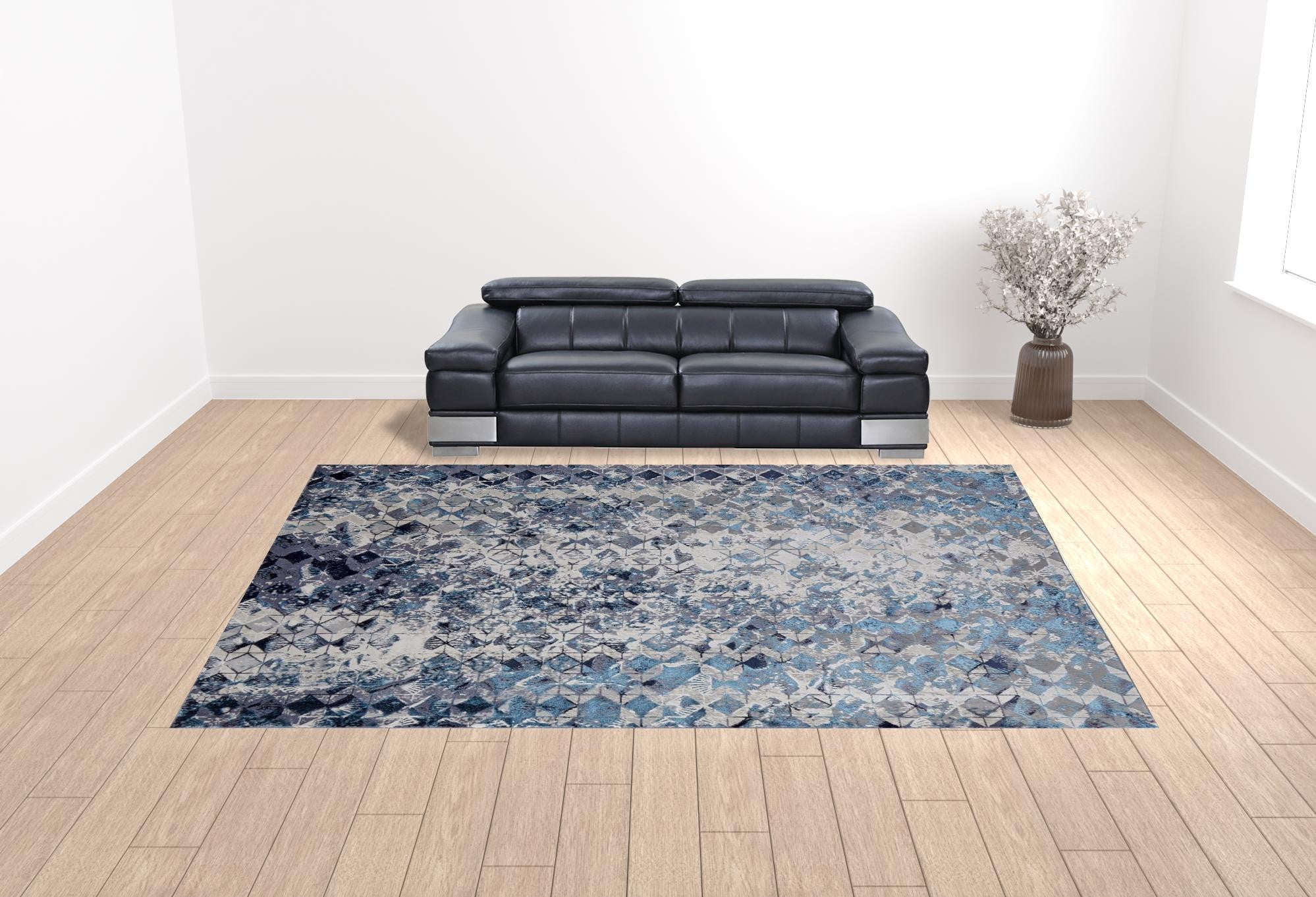 Blue Ivory And Gray Geometric Power Loom Distressed Area Rug - 4' X 6'