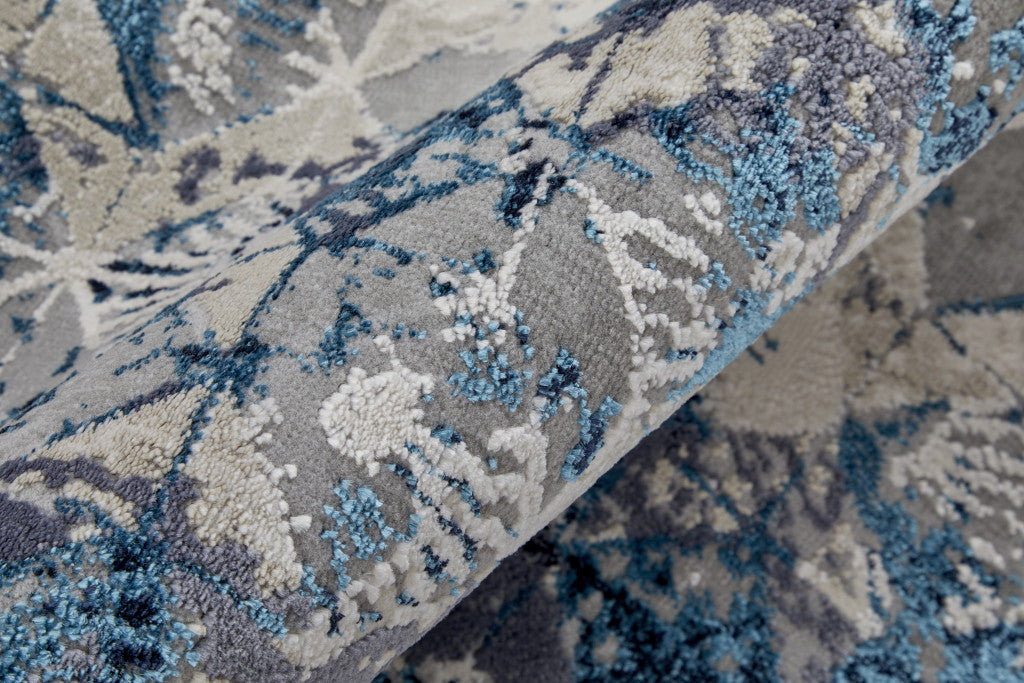 Blue Ivory And Gray Geometric Power Loom Distressed Area Rug - 4' X 6'