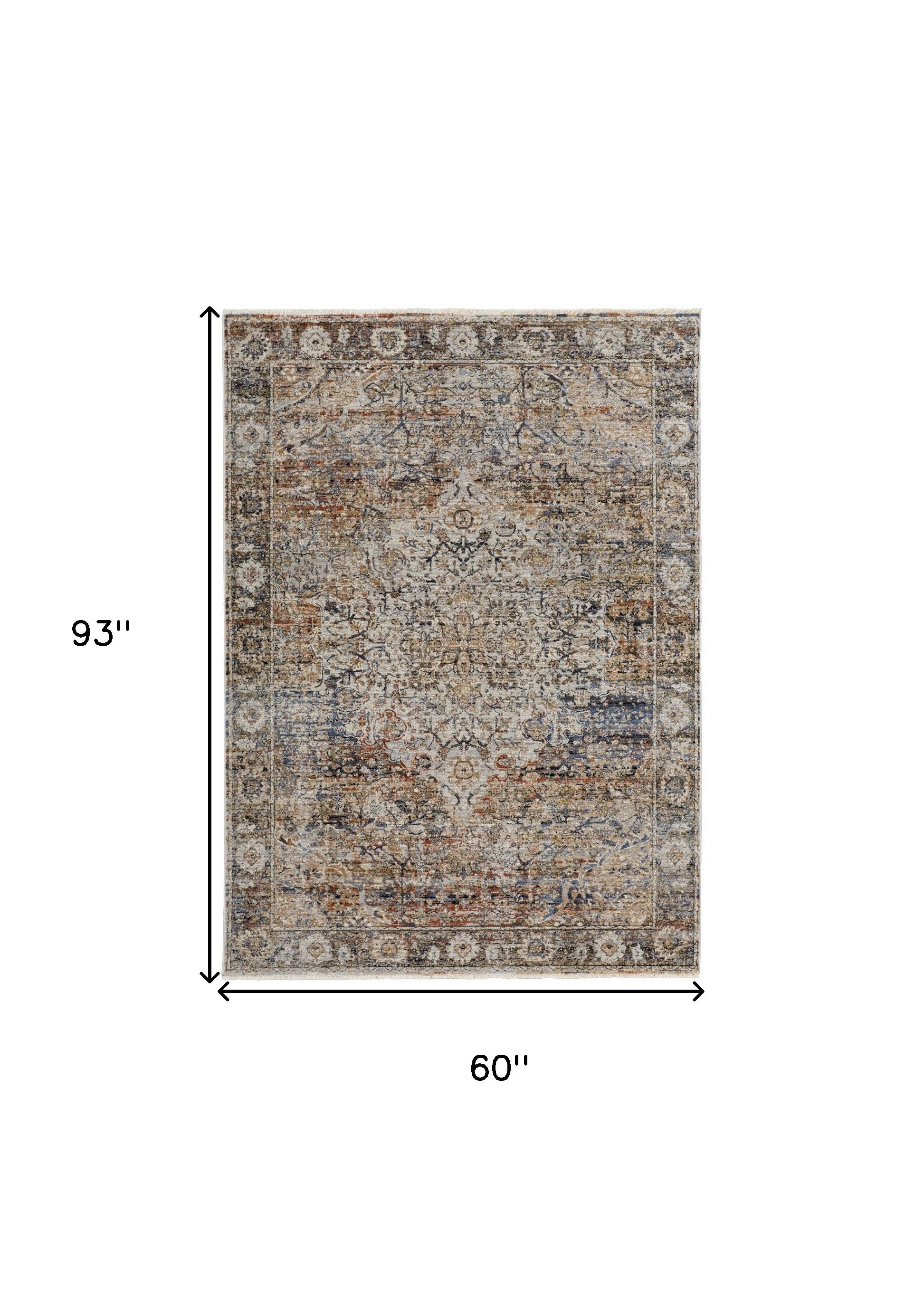 Tan Orange And Blue Floral Power Loom Distressed Area Rug With Fringe - 5' x 8'
