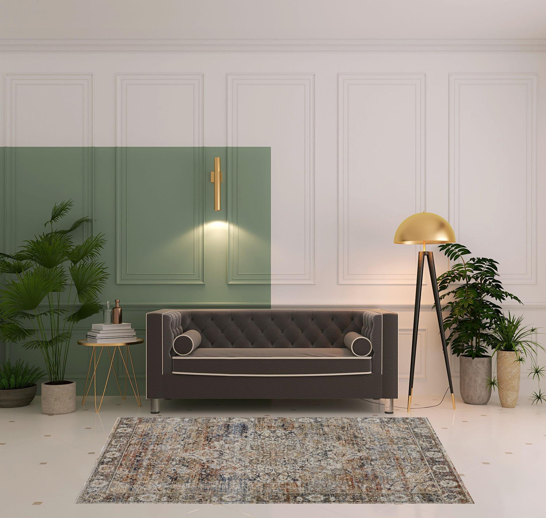 Tan Orange And Blue Floral Power Loom Distressed Area Rug With Fringe - 5' x 8'