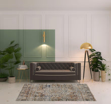 Tan Orange And Blue Floral Power Loom Distressed Area Rug With Fringe - 5' x 8'