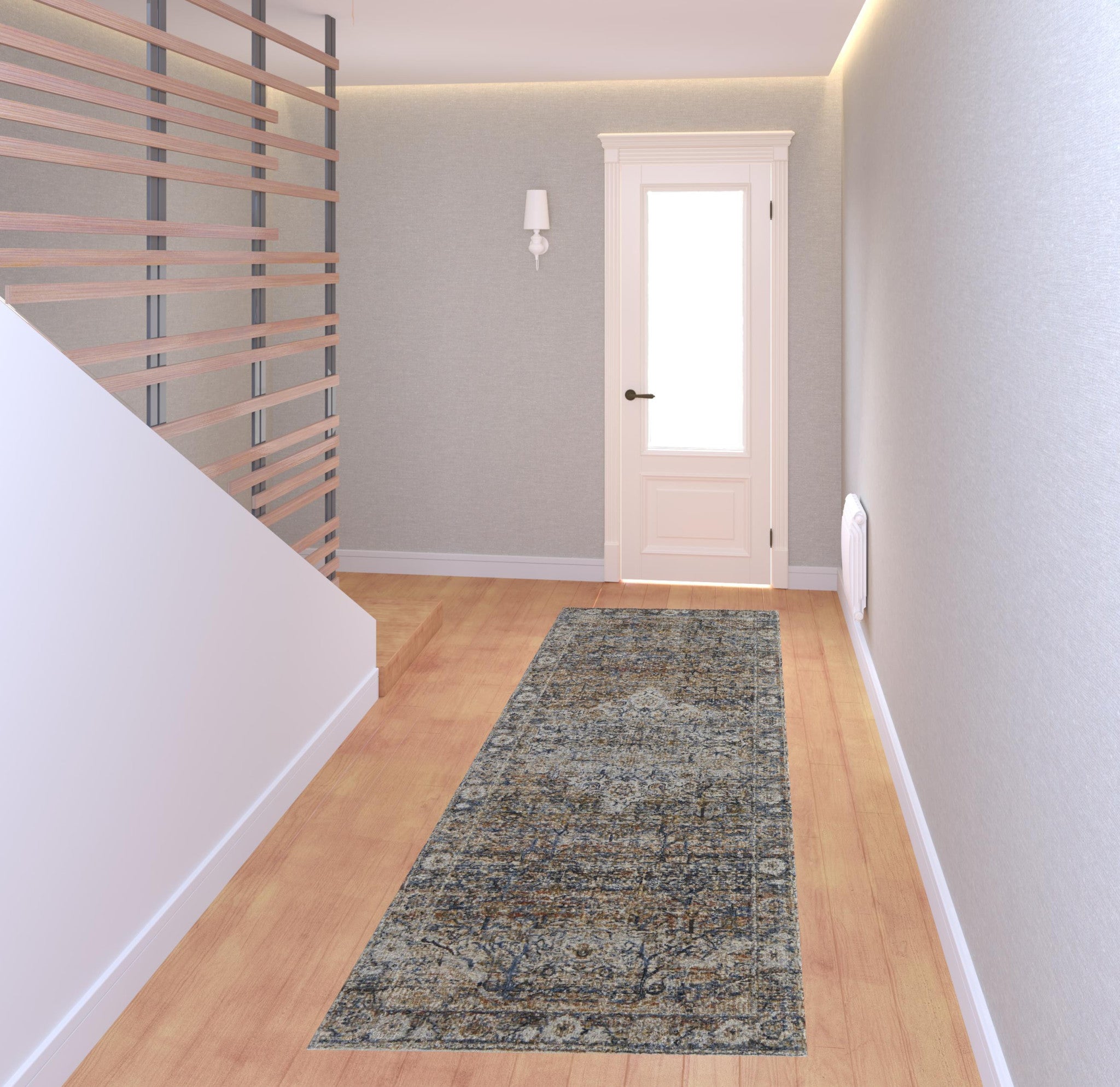 Tan Orange And Blue Floral Power Loom Distressed Area Rug With Fringe - 5' x 8'