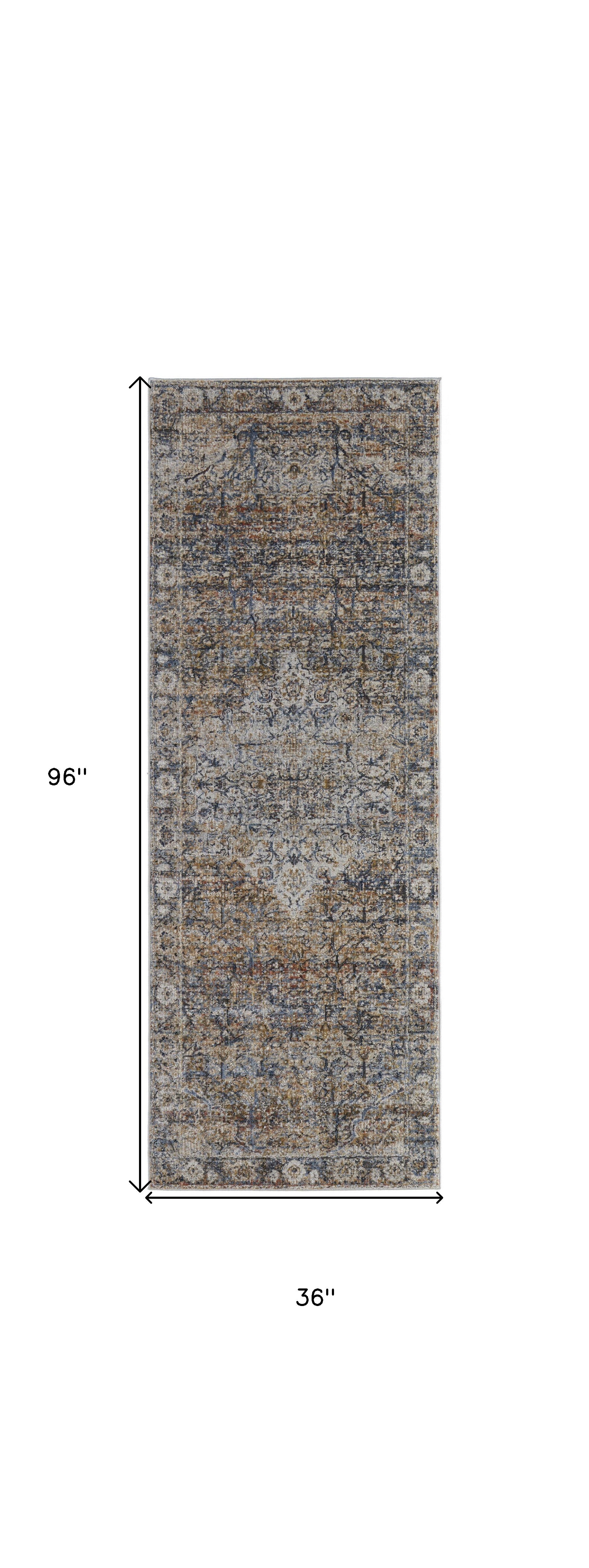 Tan Orange And Blue Floral Power Loom Distressed Area Rug With Fringe - 5' x 8'