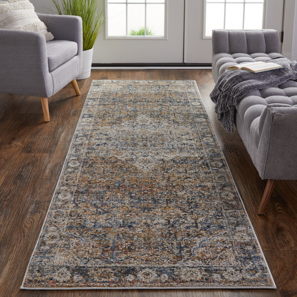 Tan Orange And Blue Floral Power Loom Distressed Area Rug With Fringe - 5' x 8'