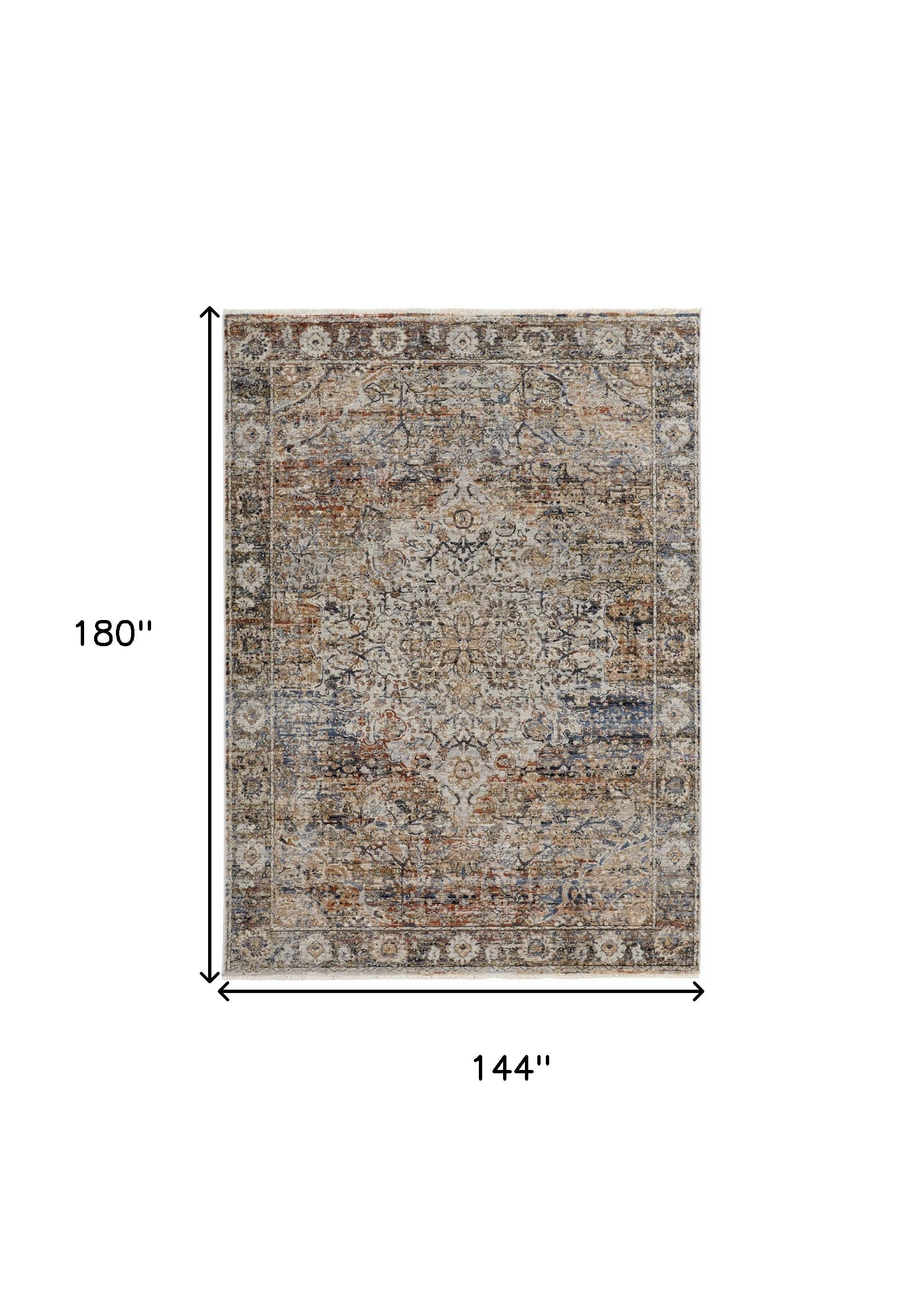 Tan Orange And Blue Floral Power Loom Distressed Area Rug With Fringe - 5' x 8'