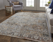 Tan Orange And Blue Floral Power Loom Distressed Area Rug With Fringe - 5' x 8'