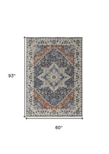 5' X 8' Ivory Blue And Red Floral Power Loom Area Rug With Fringe