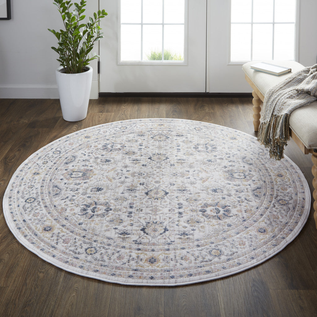 4' X 6' Tan Ivory And Blue Floral Stain Resistant Area Rug