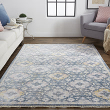 Blue And Gold Floral Stain Resistant Area Rug - 4' x 6'