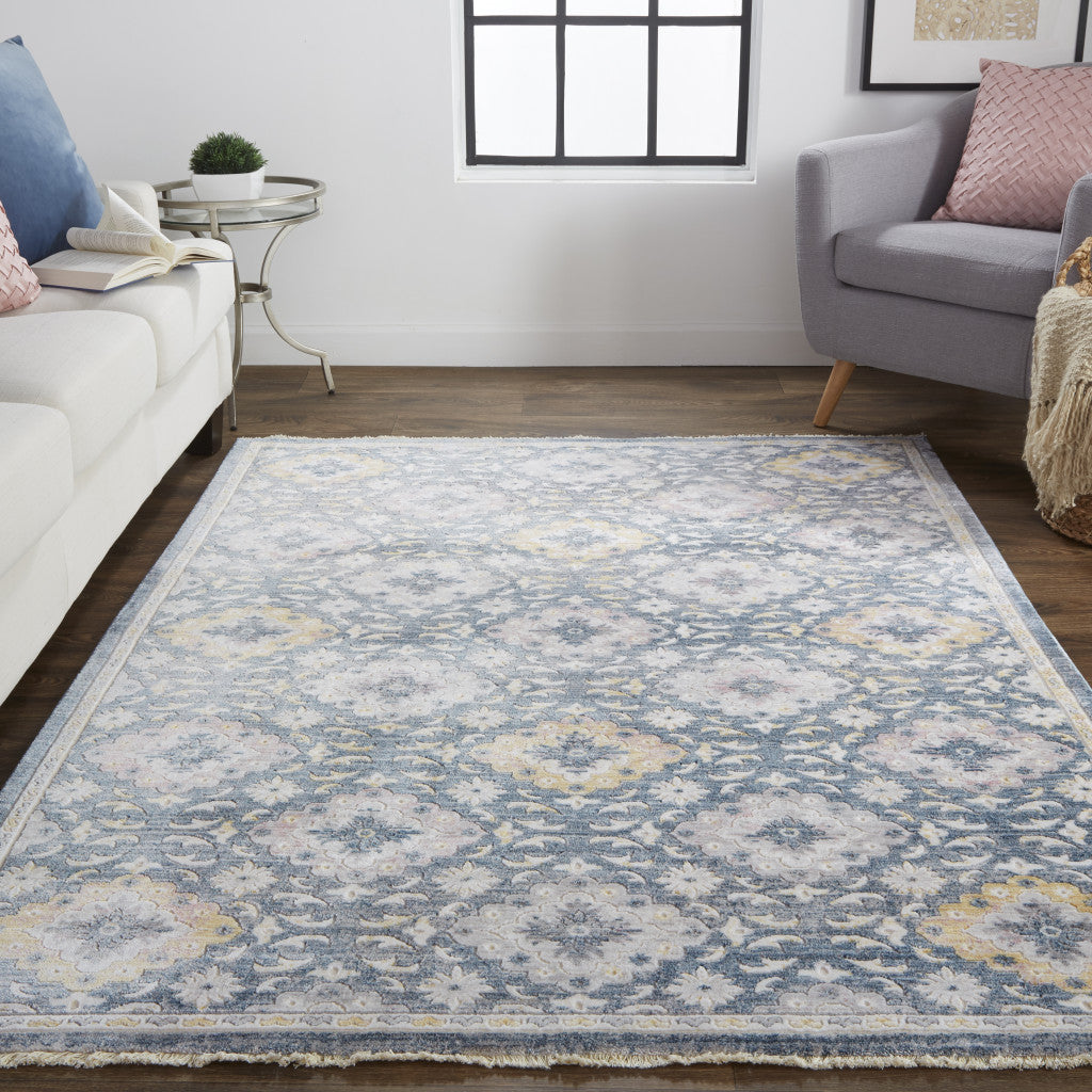 Blue And Gold Floral Stain Resistant Area Rug - 4' x 6'