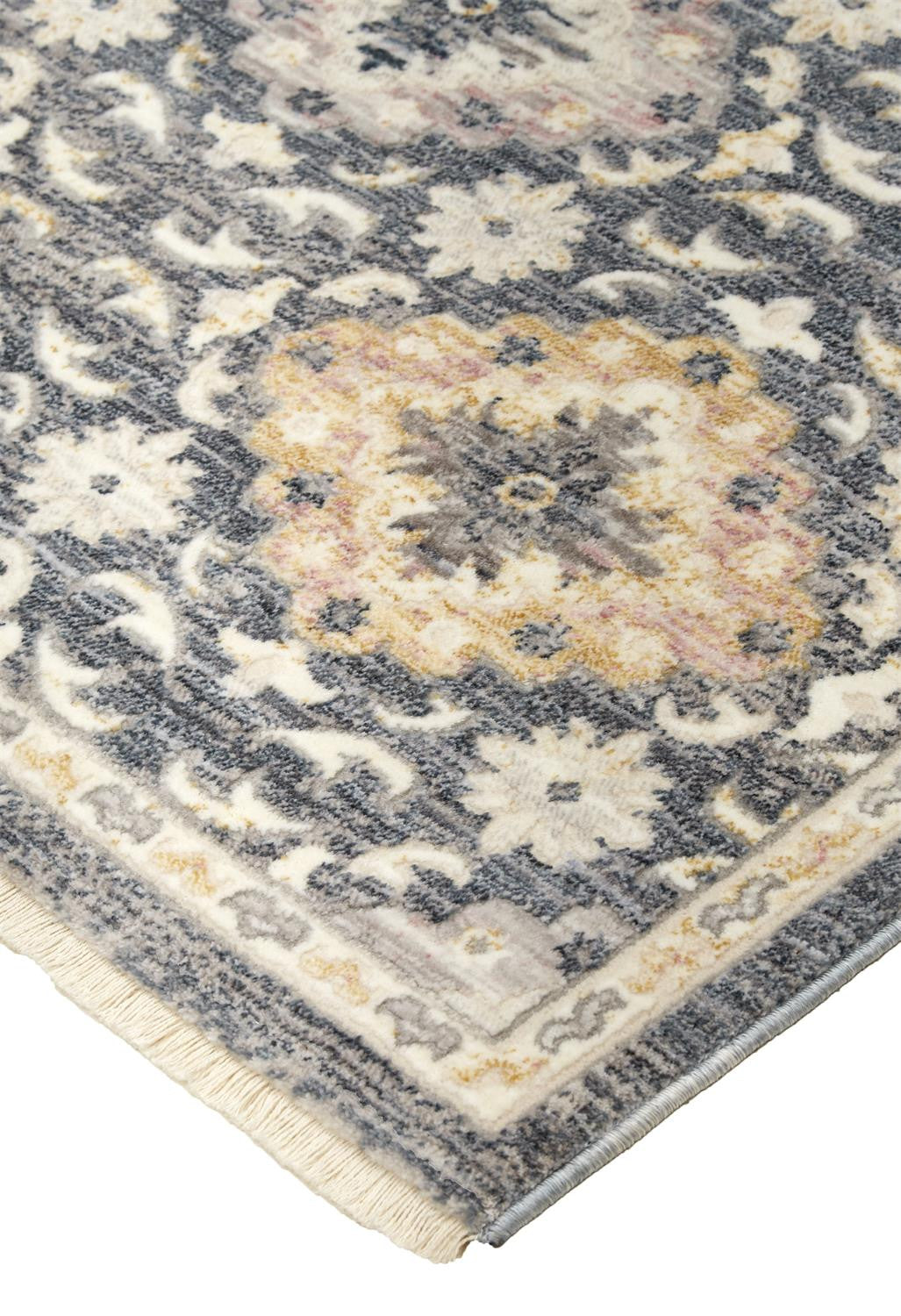 Blue And Gold Floral Stain Resistant Area Rug - 4' x 6'