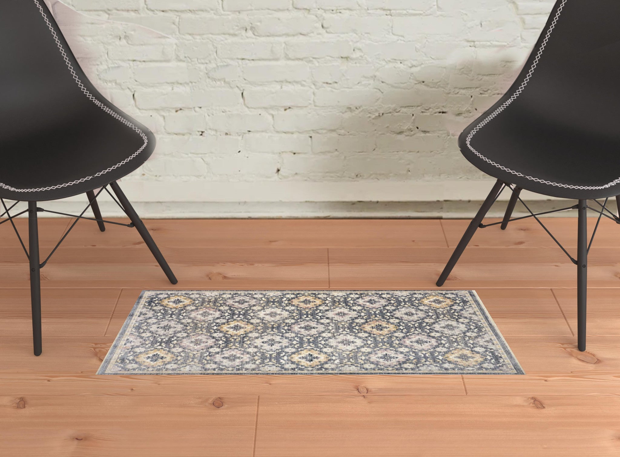 Blue And Gold Floral Stain Resistant Area Rug - 4' x 6'