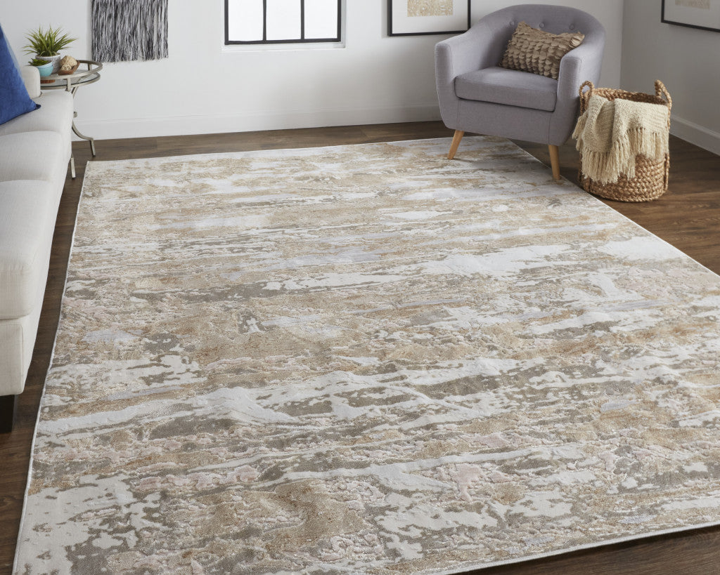 Tan Orange And Ivory Abstract Power Loom Distressed Area Rug - 4' x 6'