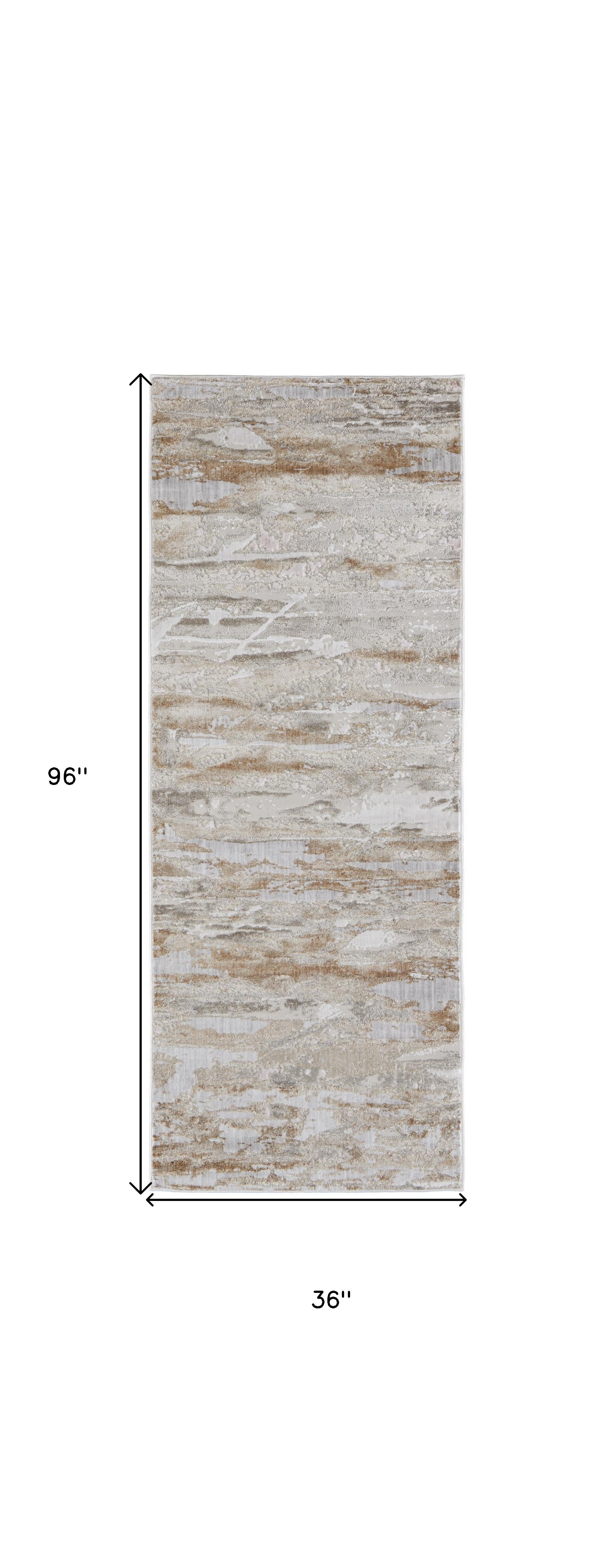 Tan Orange And Ivory Abstract Power Loom Distressed Area Rug - 4' x 6'