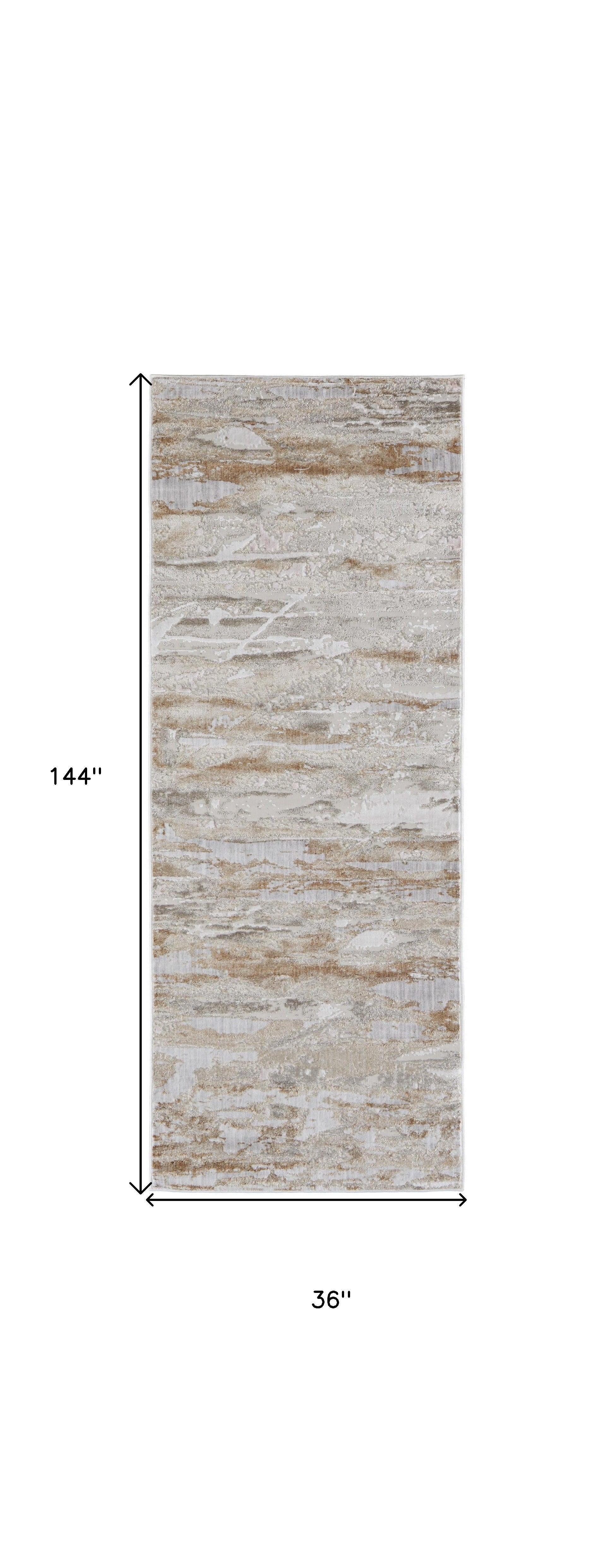 Tan Orange And Ivory Abstract Power Loom Distressed Area Rug - 4' x 6'