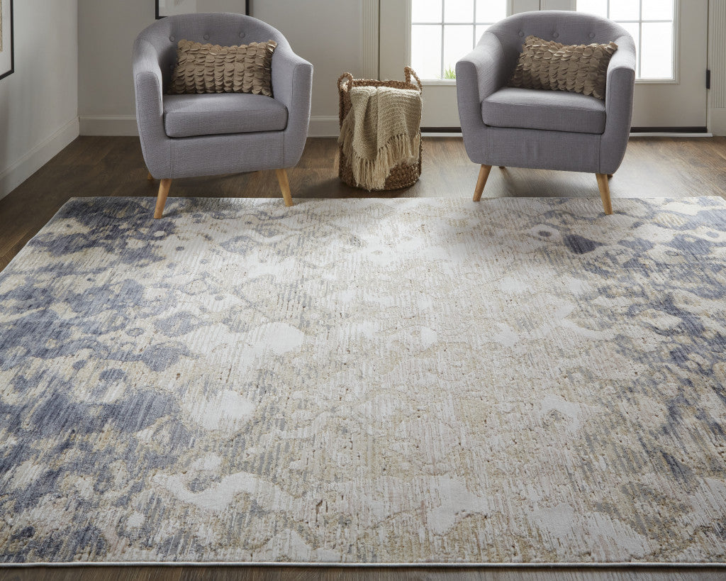 4' X 6' Tan Ivory And Blue Abstract Power Loom Distressed Area Rug