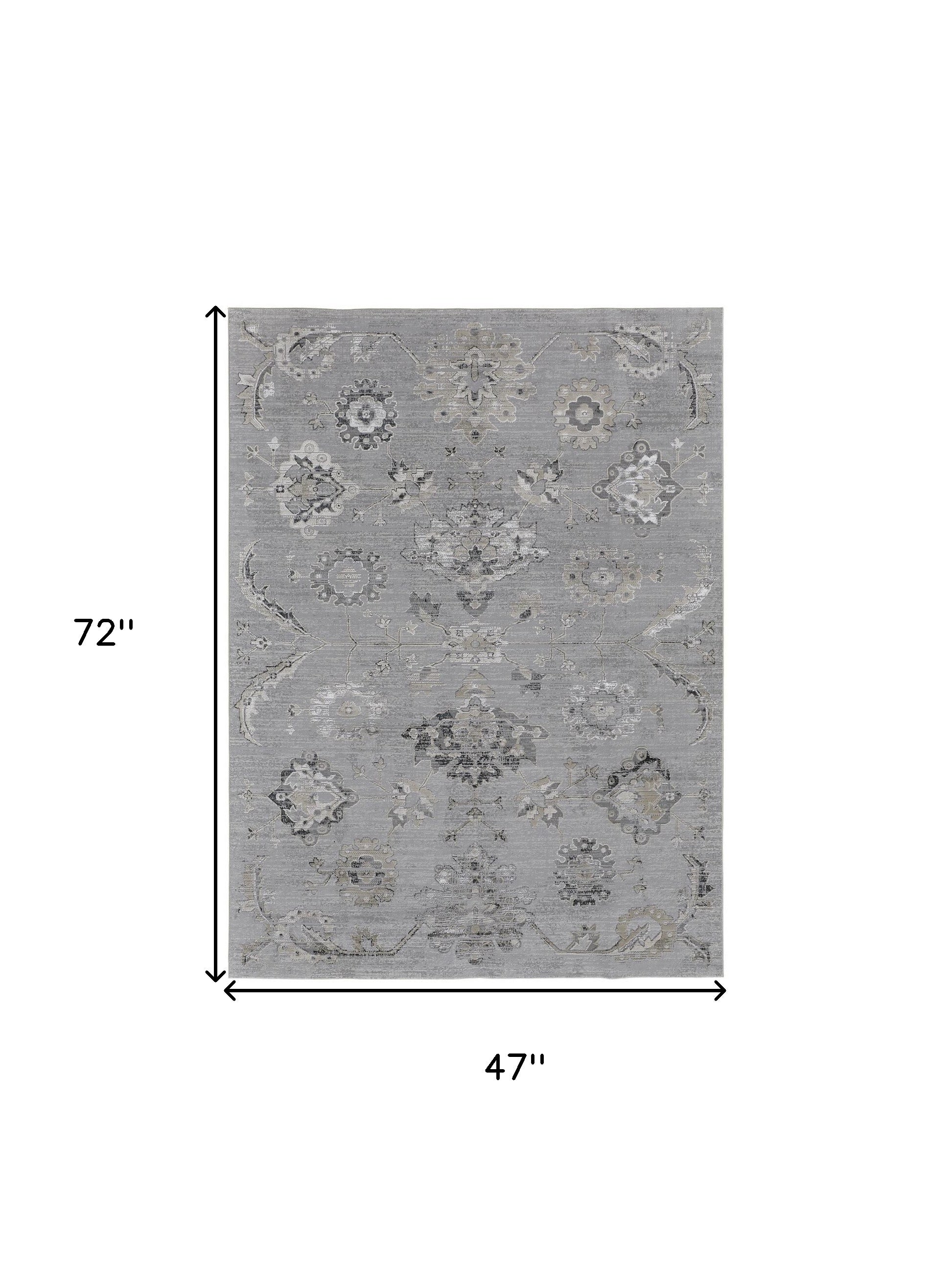 4' X 6' Silver And Black Floral Power Loom Distressed Area Rug