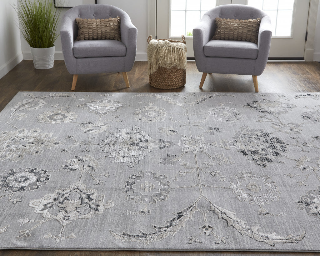 4' X 6' Silver And Black Floral Power Loom Distressed Area Rug