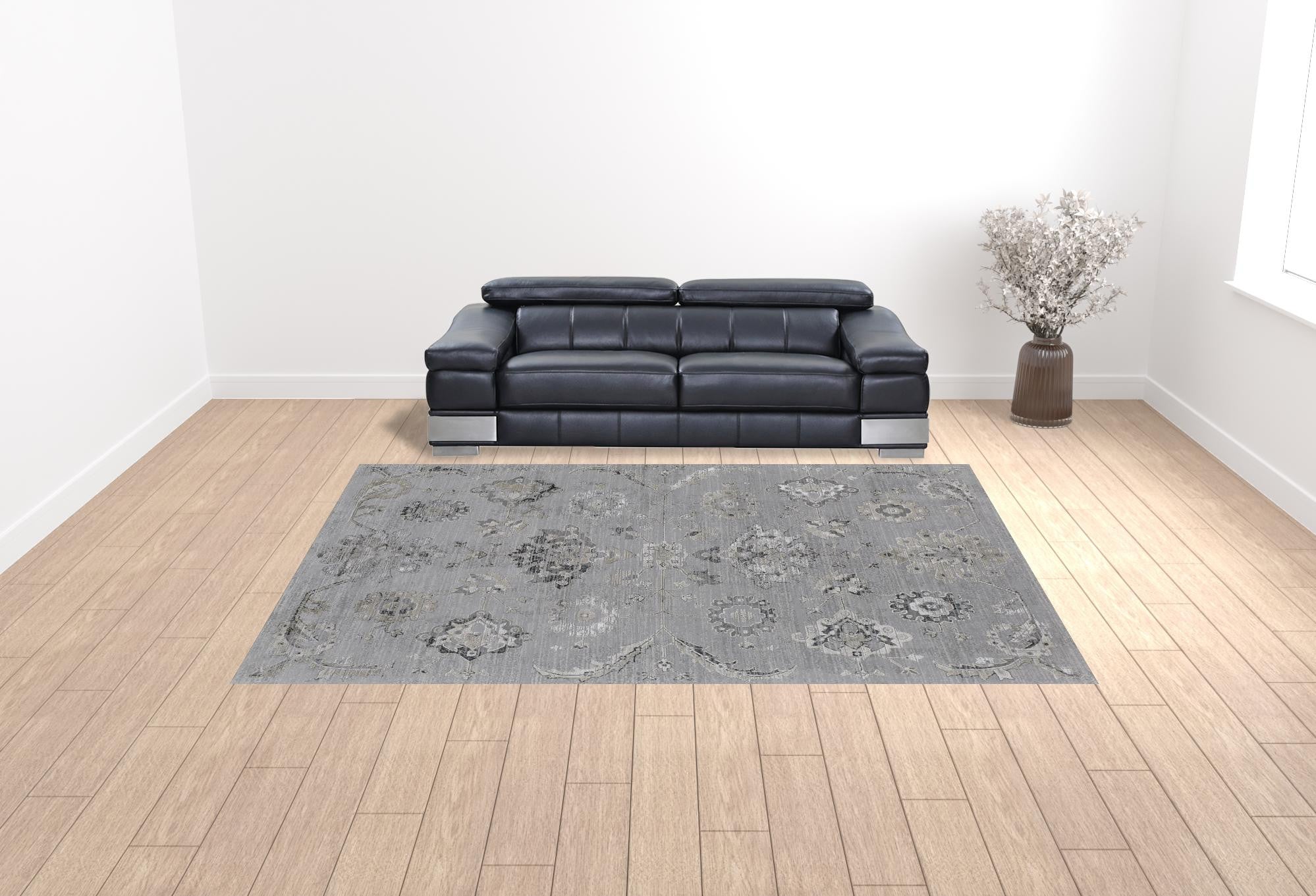 4' X 6' Silver And Black Floral Power Loom Distressed Area Rug